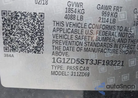 2018 Chevrolet Malibu Lt z USA, uszkodzony, nr VIN 1G1ZD5ST3JF193221